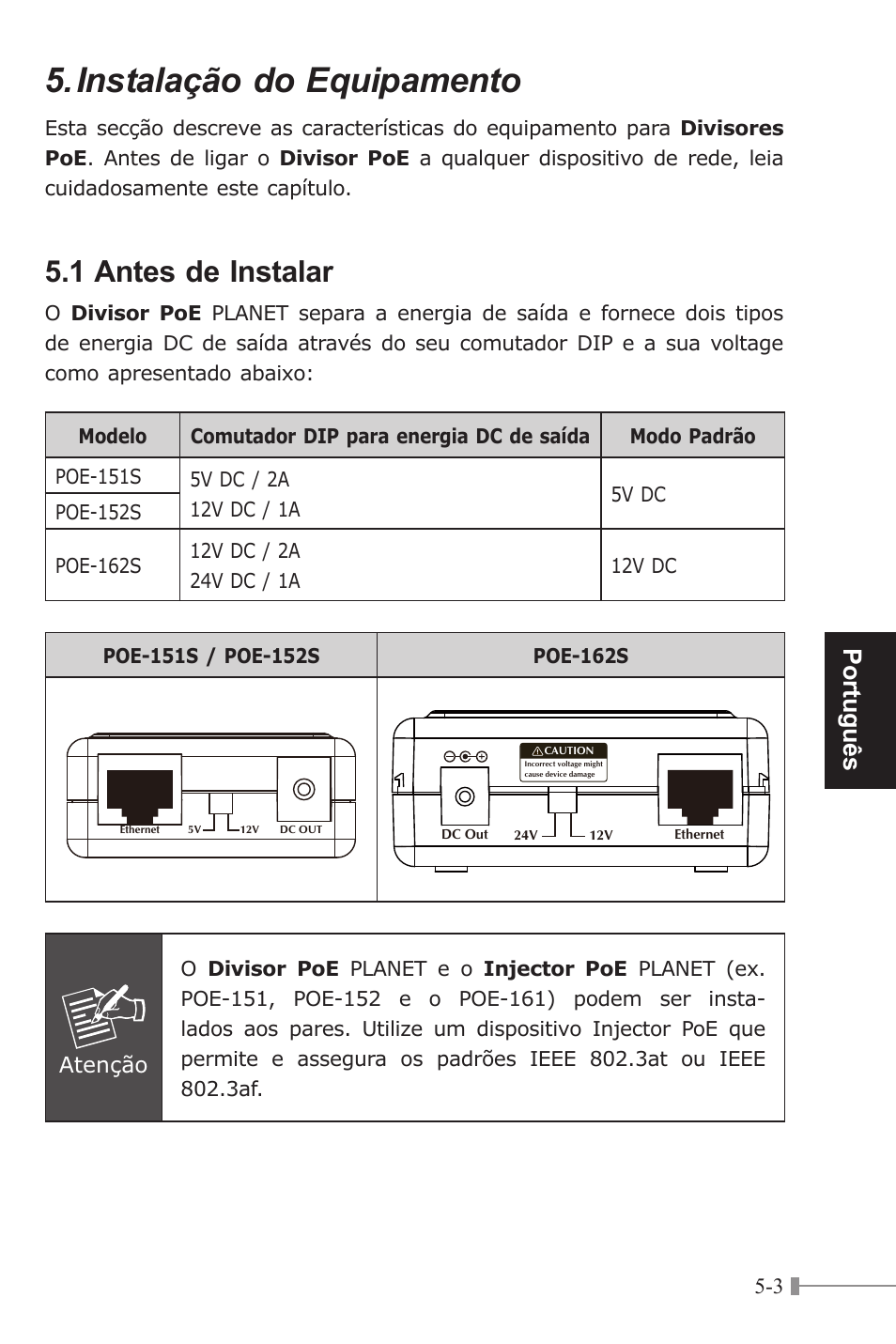 Instalação do equipamento, 1 antes de instalar, Português | Atenção | PLANET POE-151S User Manual | Page 39 / 60