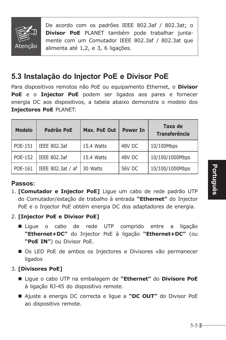 3 instalação do injector poe e divisor poe, Português, Passos | PLANET POE-151S User Manual | Page 41 / 60