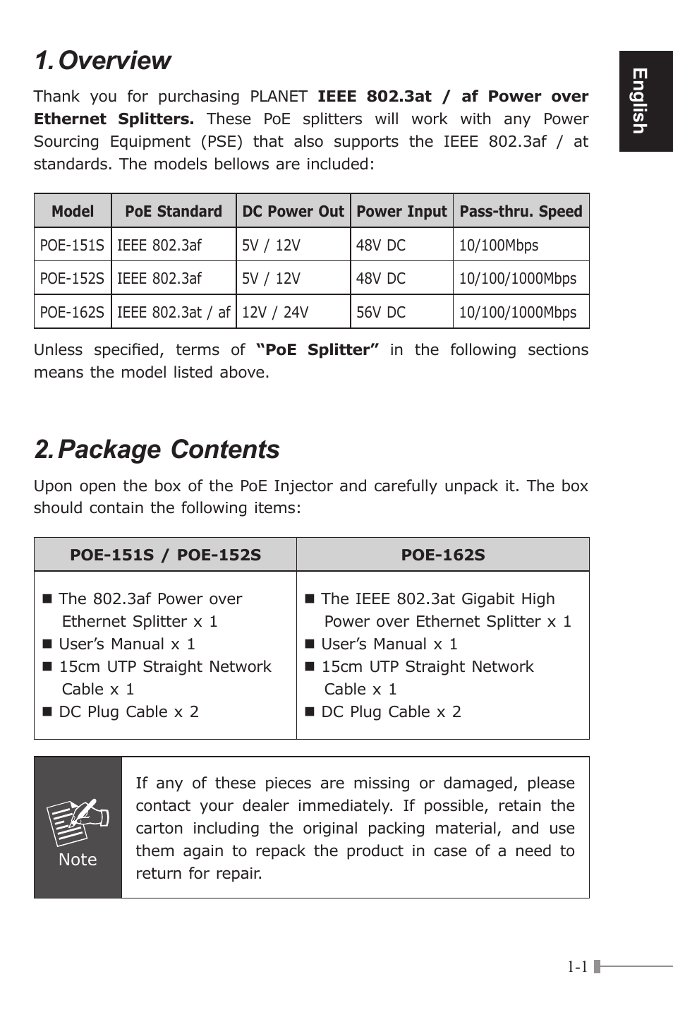 Overview, Package contents, English | PLANET POE-151S User Manual | Page 5 / 60