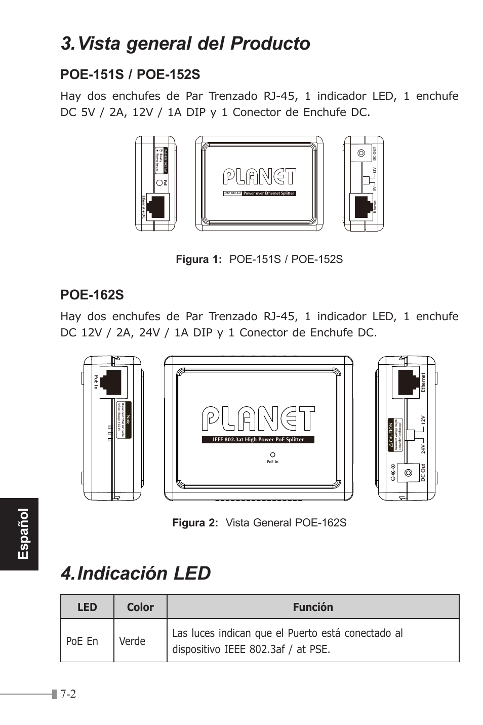 Vista general del producto, Indicación led, Español | Poe-162s, Figura 2: vista general poe-162s | PLANET POE-151S User Manual | Page 54 / 60
