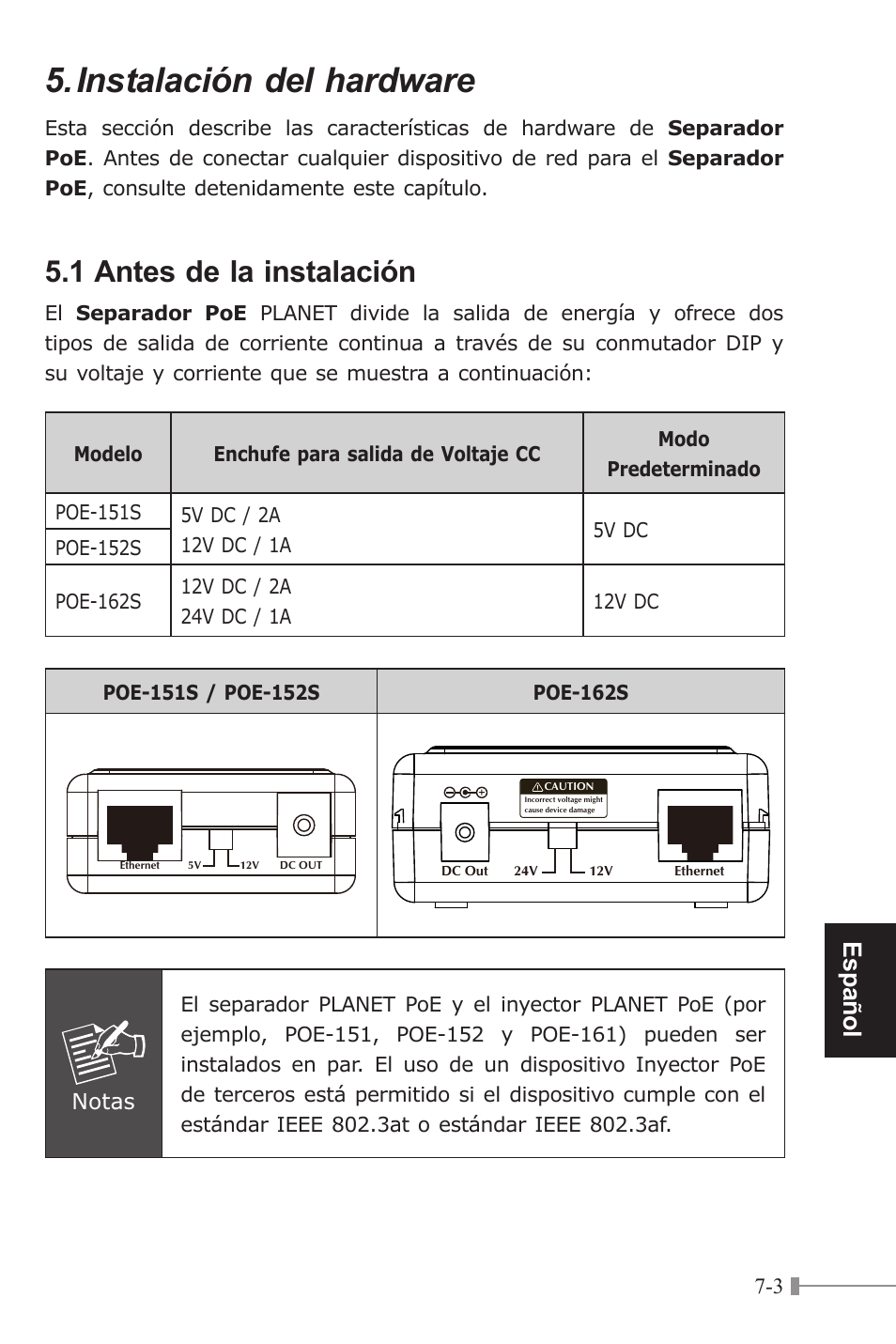 Instalación del hardware, 1 antes de la instalación, Español | Notas | PLANET POE-151S User Manual | Page 55 / 60