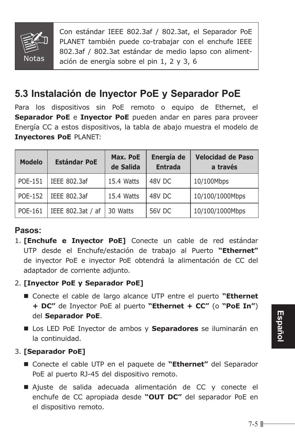 3 instalación de inyector poe y separador poe, Español, Pasos | PLANET POE-151S User Manual | Page 57 / 60