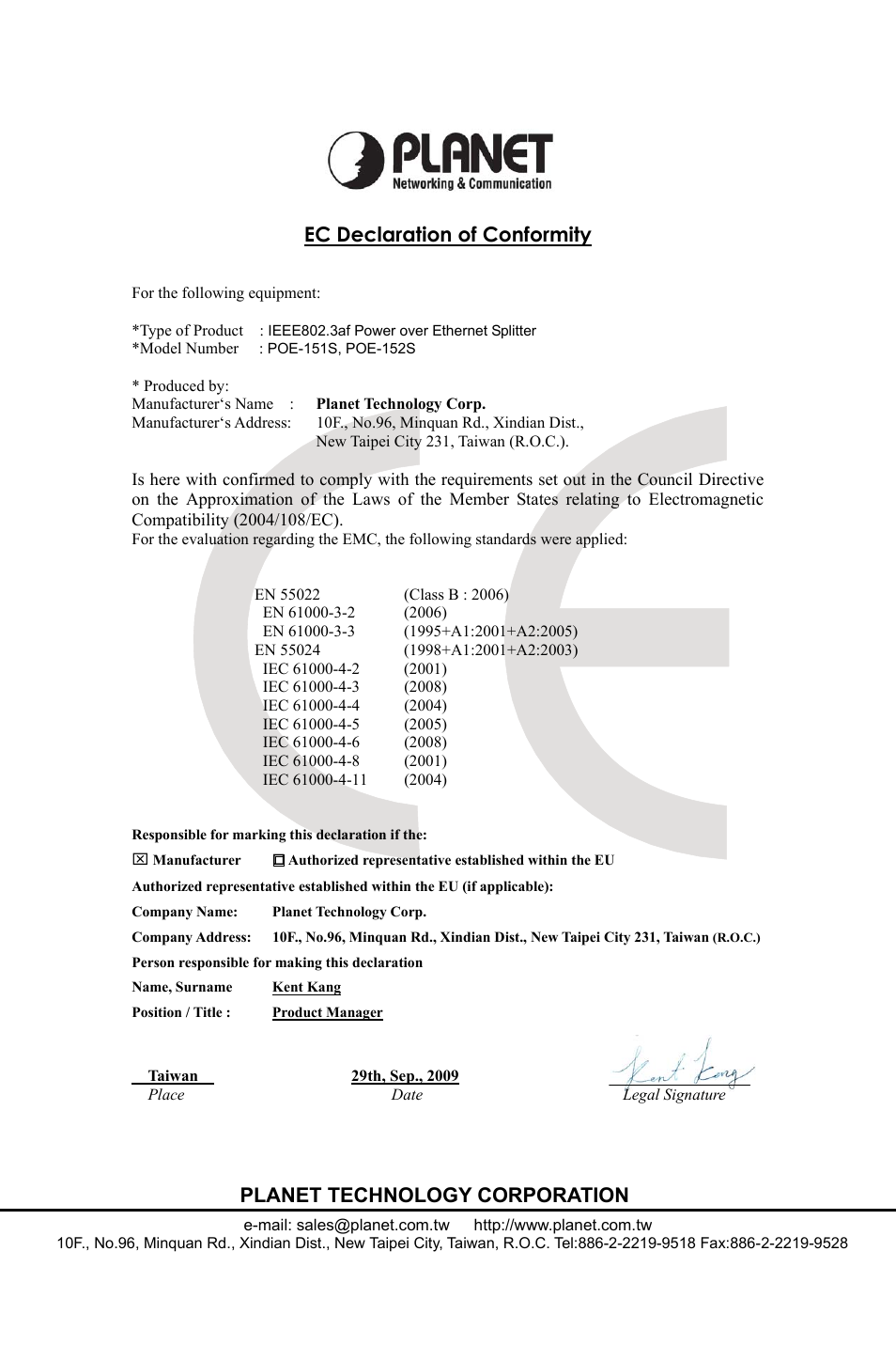 Ec declaration of conformity, Planet technology corporation | PLANET POE-151S User Manual | Page 60 / 60