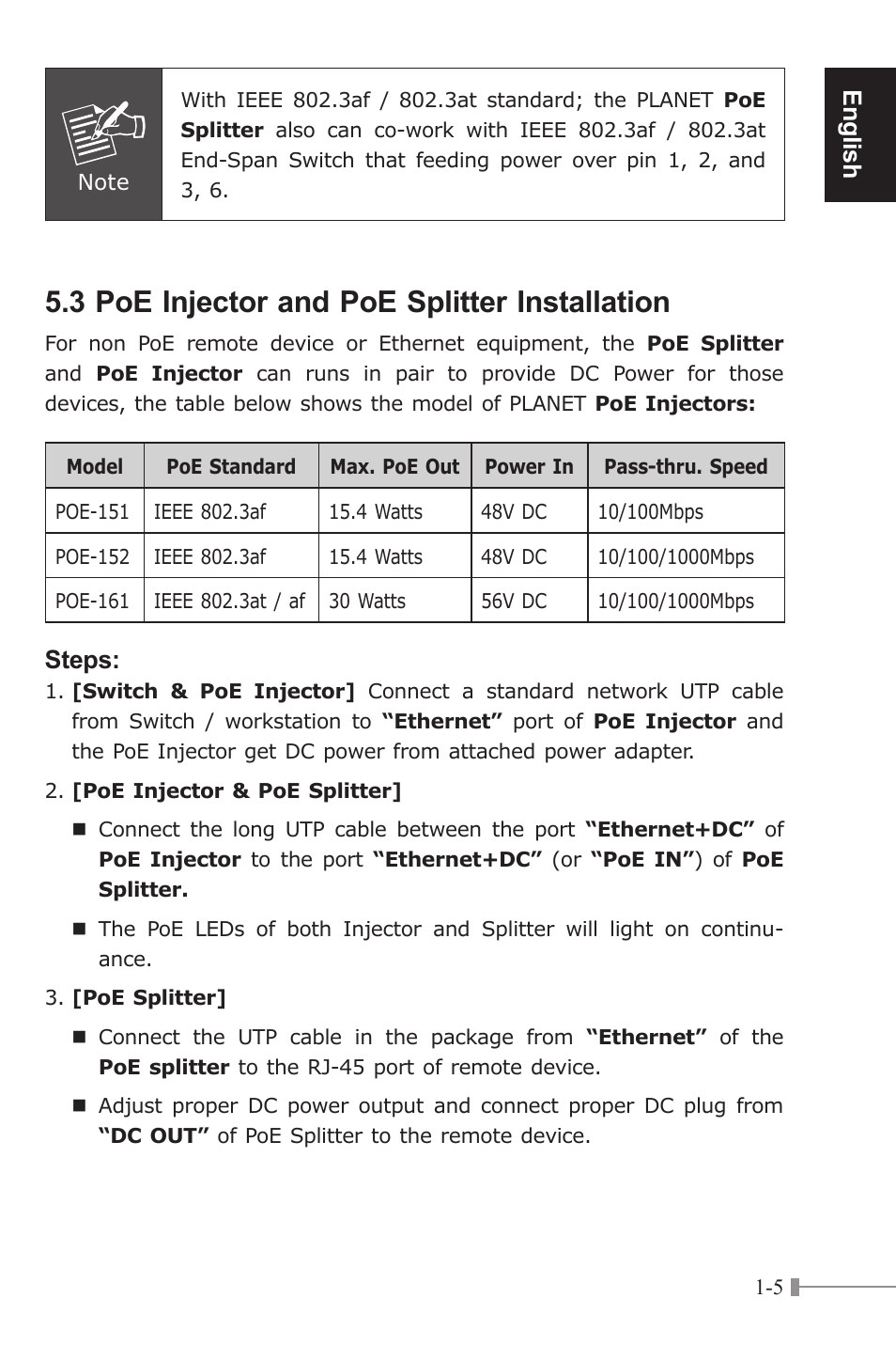 3 poe injector and poe splitter installation, English, Steps | PLANET POE-151S User Manual | Page 9 / 60