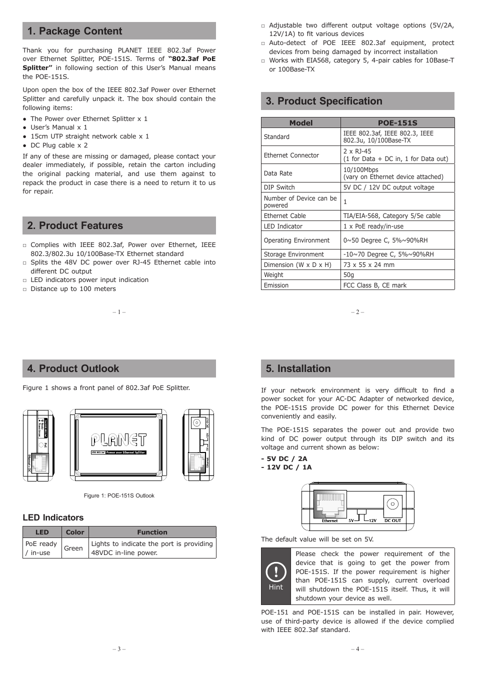 PLANET POE-151S User Manual | 2 pages