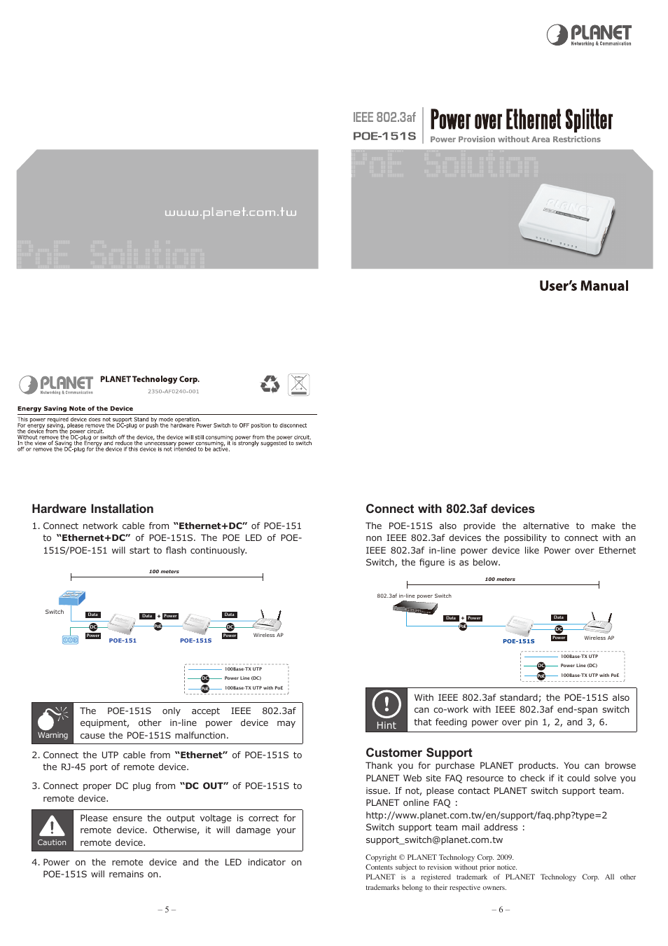 Hardware installation, Connect with 802.3af devices, Customer support | Hint | PLANET POE-151S User Manual | Page 2 / 2