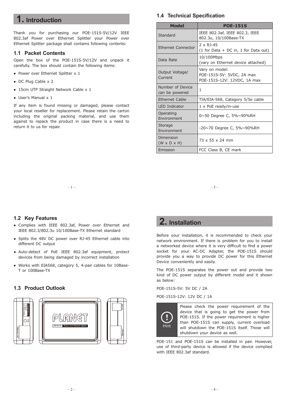 PLANET POE-151S User Manual | 2 pages