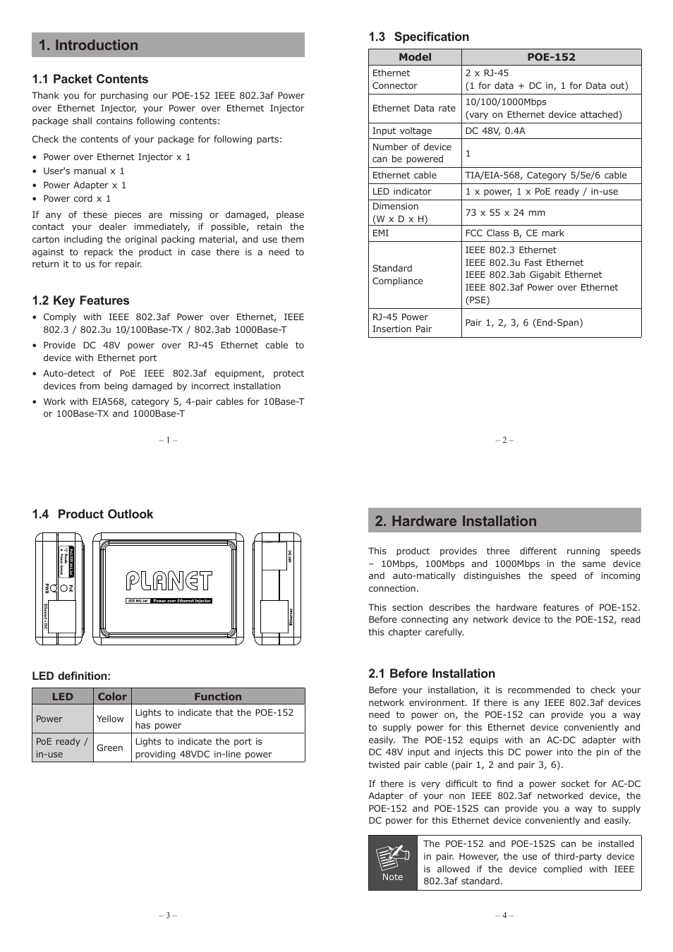 PLANET POE-152 User Manual | 2 pages