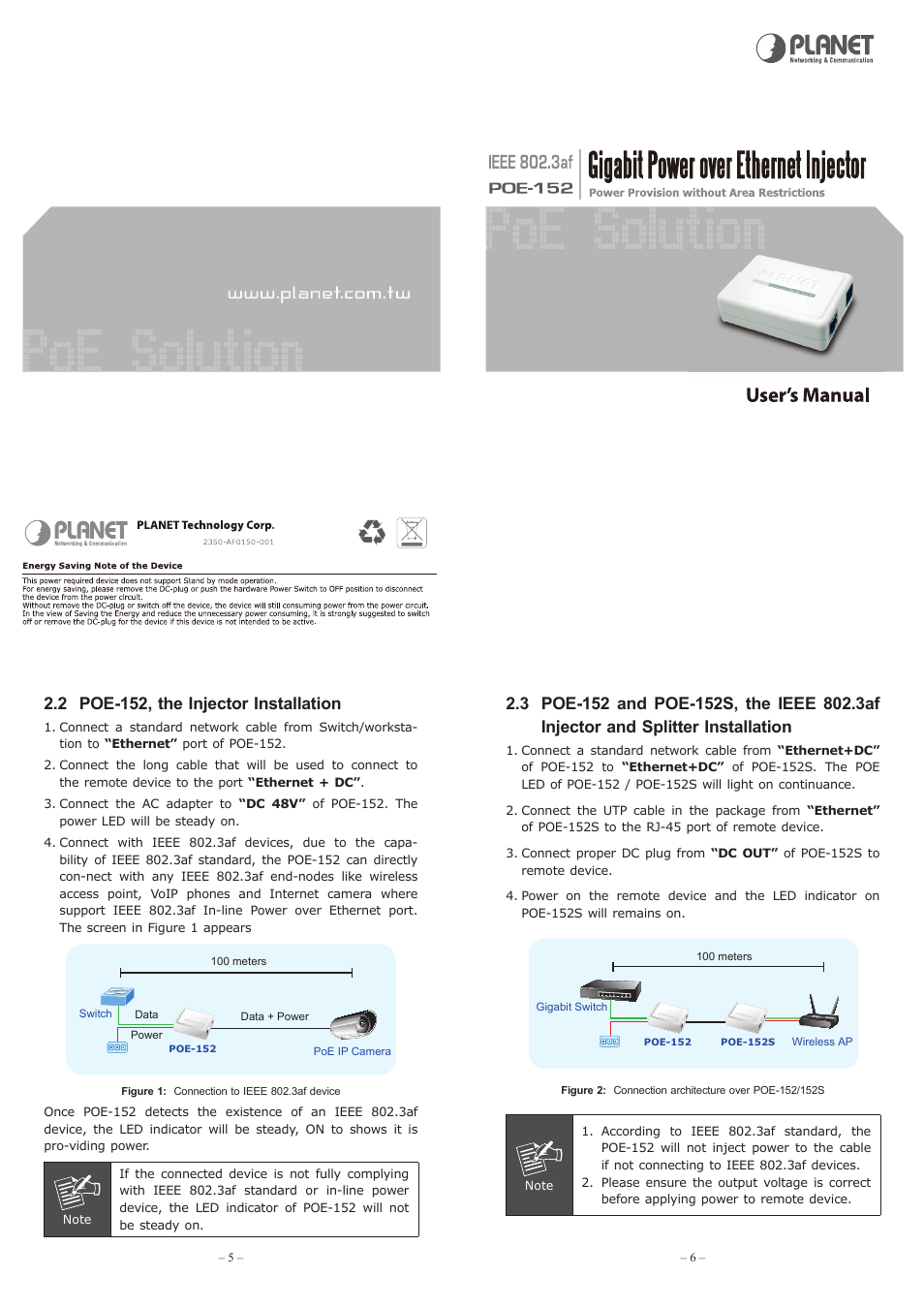 2 poe-152, the injector installation | PLANET POE-152 User Manual | Page 2 / 2