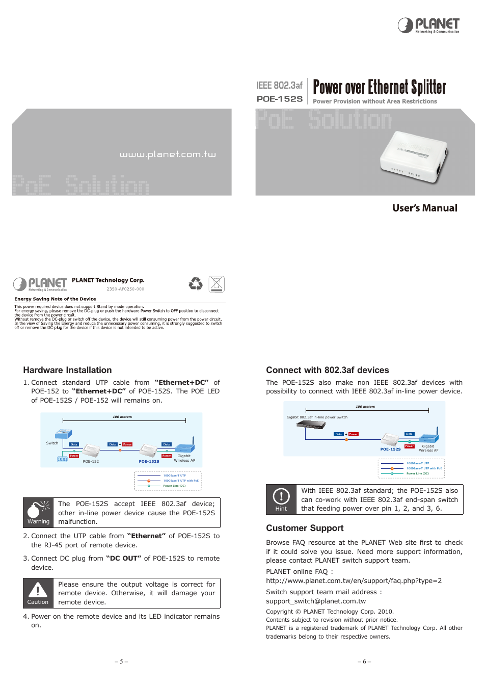 Hardware installation, Connect with 802.3af devices, Customer support | PLANET POE-152S User Manual | Page 2 / 2