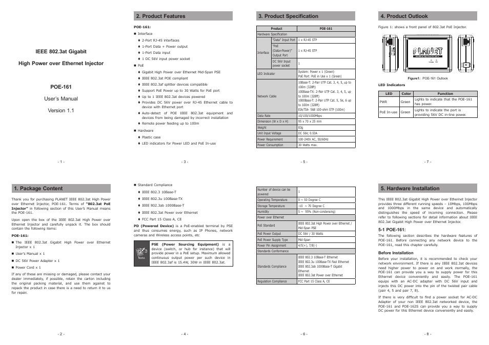 PLANET POE-161 User Manual | 2 pages