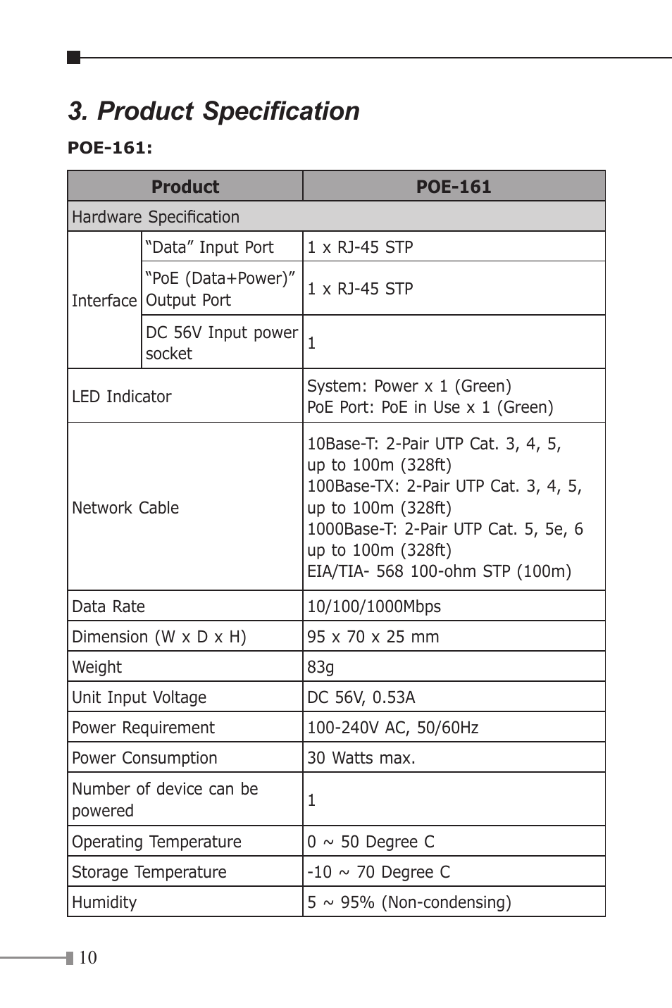 Product specification | PLANET POE-161 User Manual | Page 10 / 24