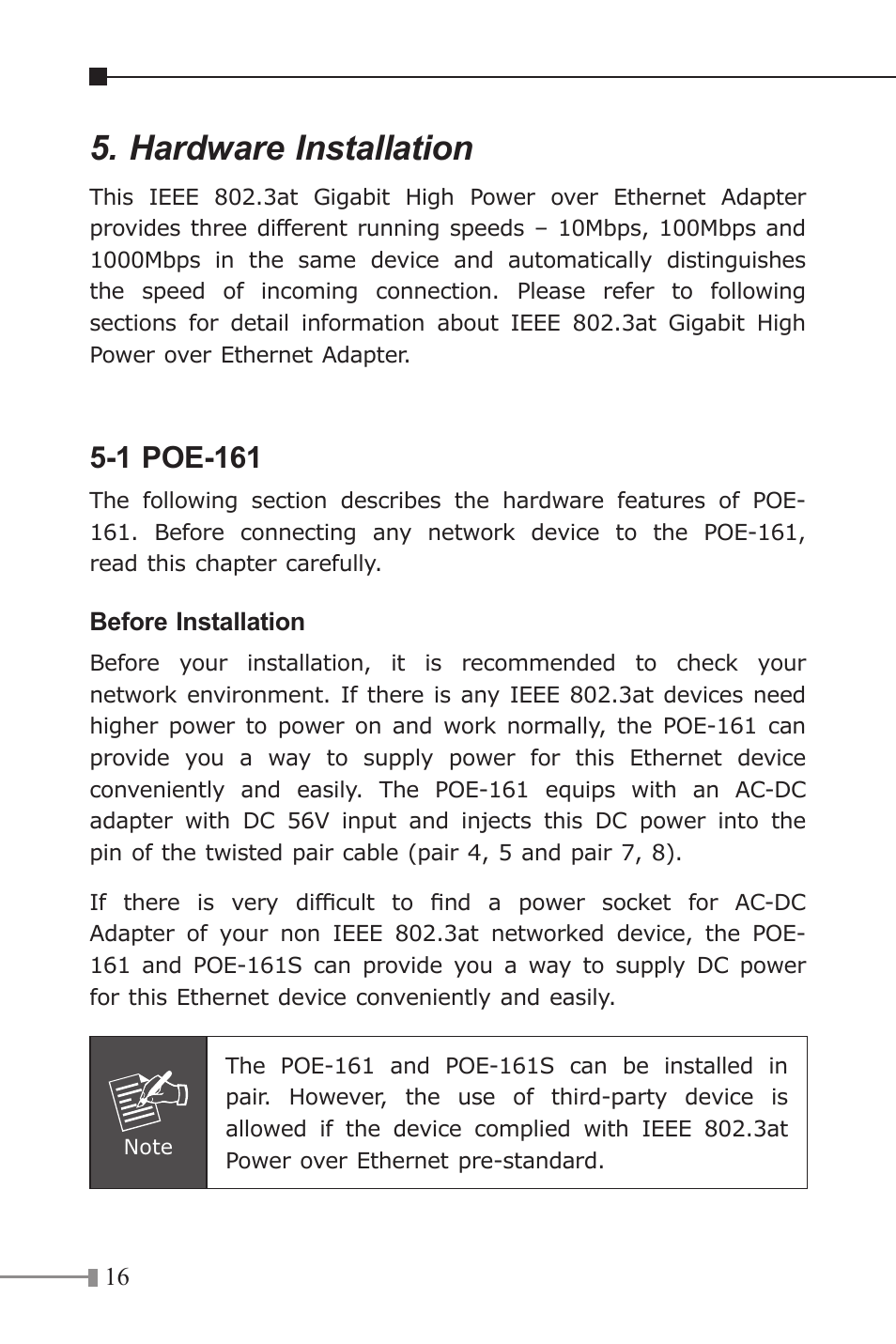 Hardware installation, 1 poe-161 | PLANET POE-161 User Manual | Page 16 / 24