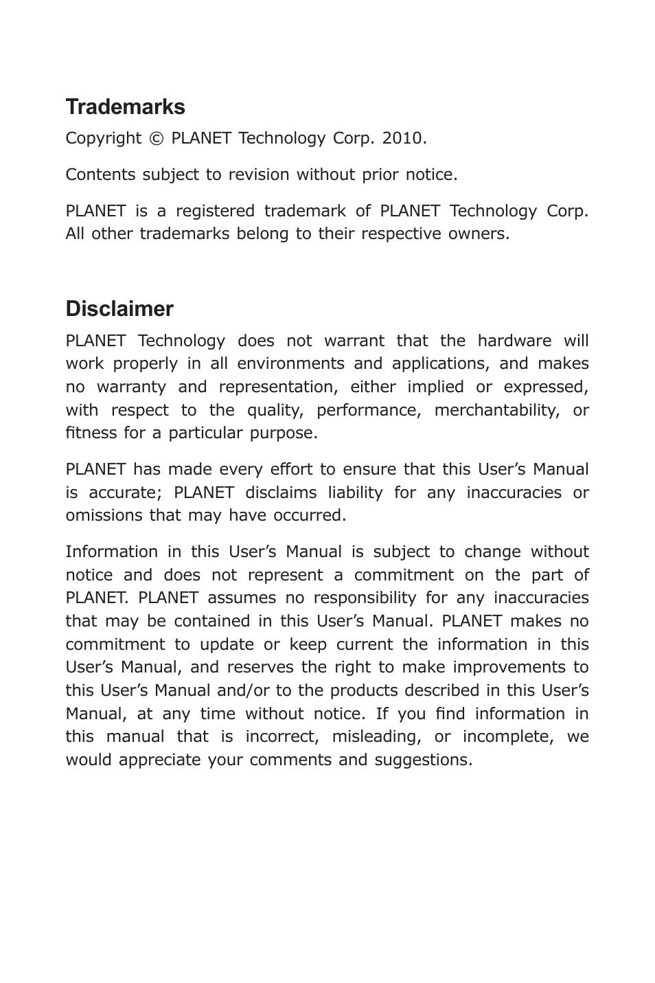 Trademarks, Disclaimer | PLANET POE-161 User Manual | Page 2 / 24