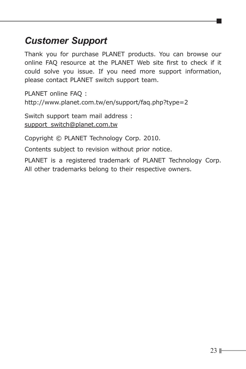 Customer support | PLANET POE-161 User Manual | Page 23 / 24