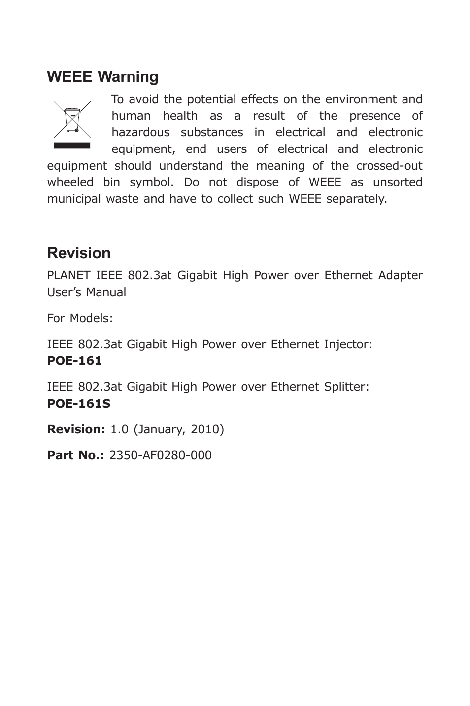 Weee warning, Revision | PLANET POE-161 User Manual | Page 4 / 24