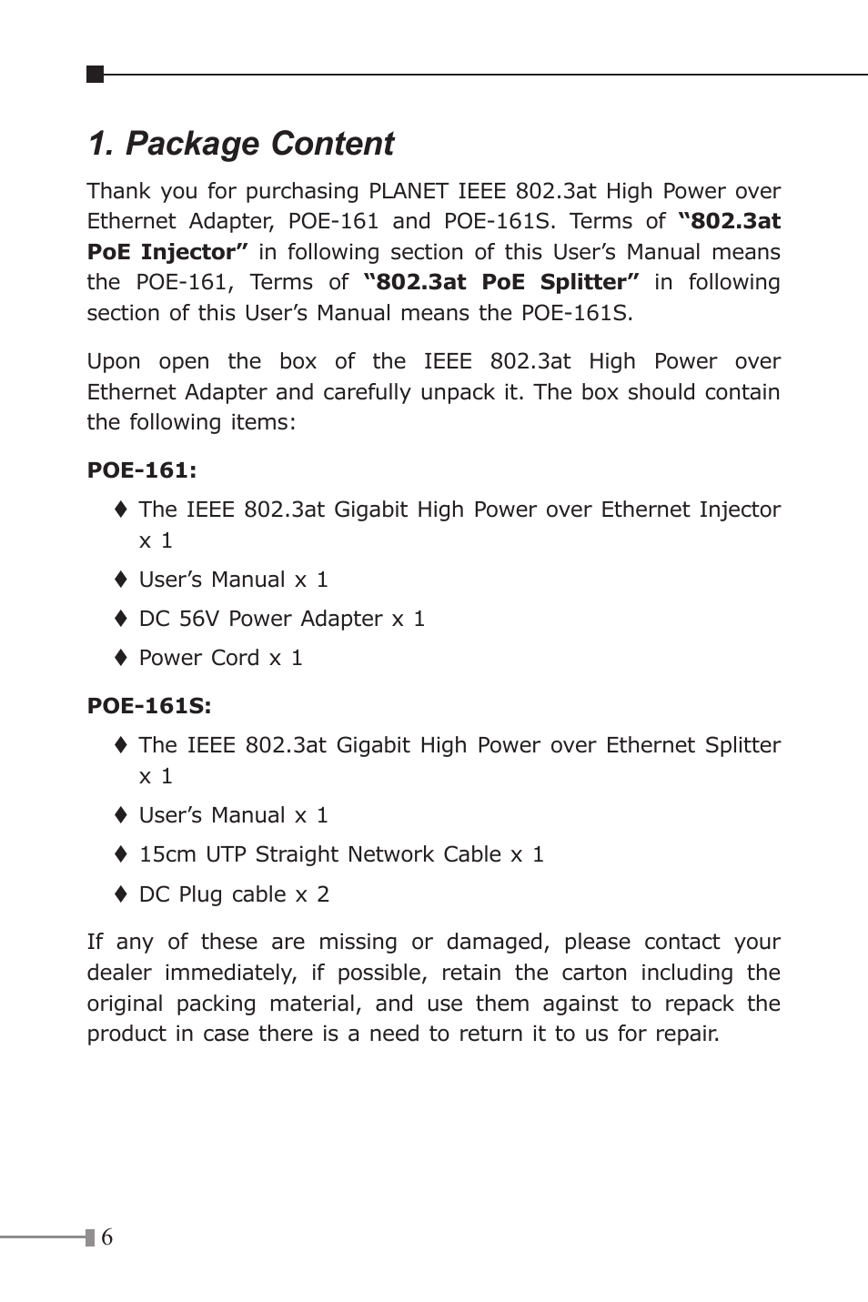 Package content | PLANET POE-161 User Manual | Page 6 / 24