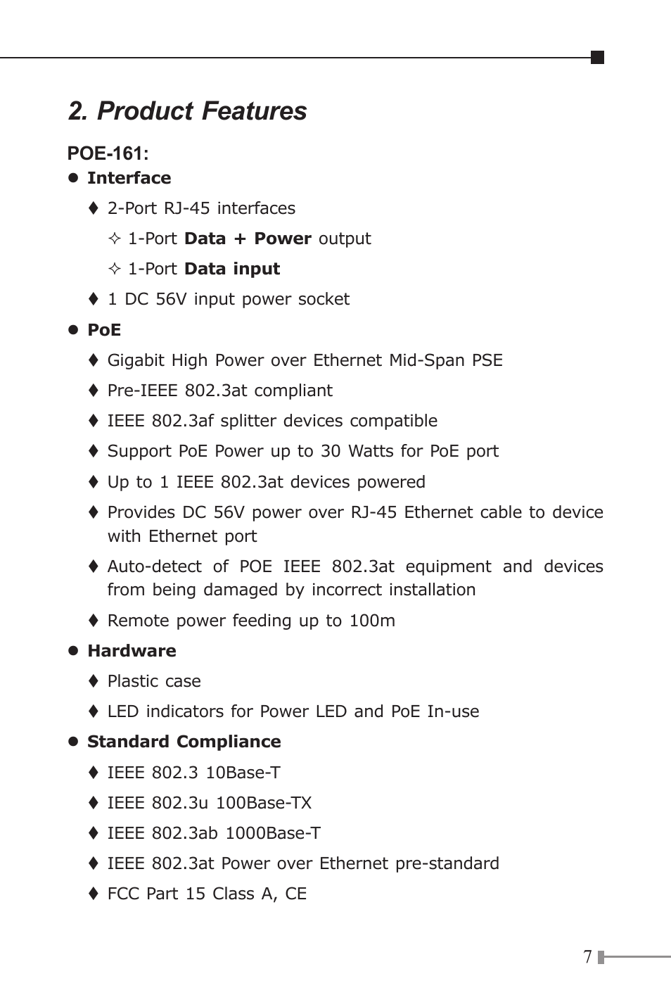 Product features | PLANET POE-161 User Manual | Page 7 / 24