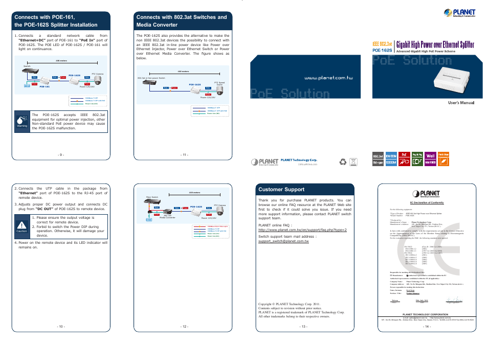 Ac dc, Connects with 802.3at switches and media converter, Customer support | PLANET POE-162S User Manual | Page 2 / 2