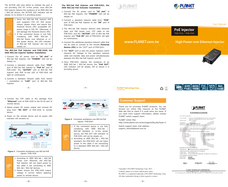 Ac dc, Customer support | PLANET POE-163 User Manual | Page 2 / 2