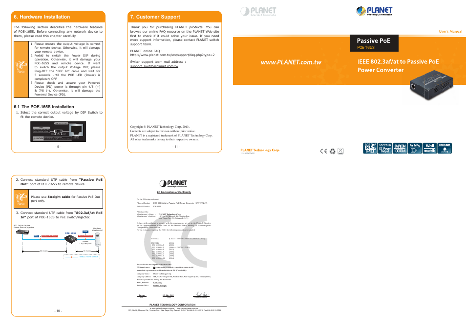 Hardware installation, Customer support, 1 the poe-165s installation | PLANET POE-165S User Manual | Page 2 / 2