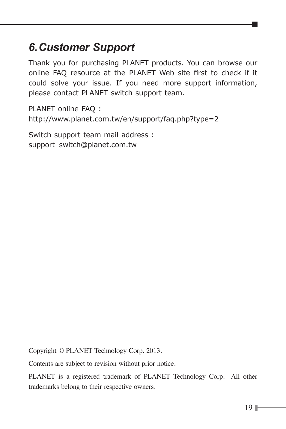 Customer support | PLANET POE-171 User Manual | Page 19 / 20