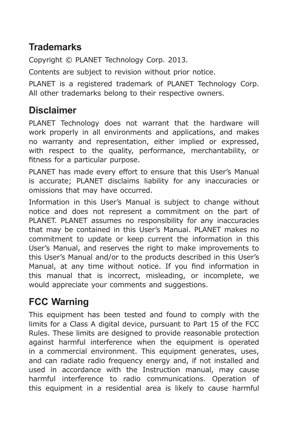 Trademarks, Disclaimer, Fcc warning | PLANET POE-171 User Manual | Page 2 / 20