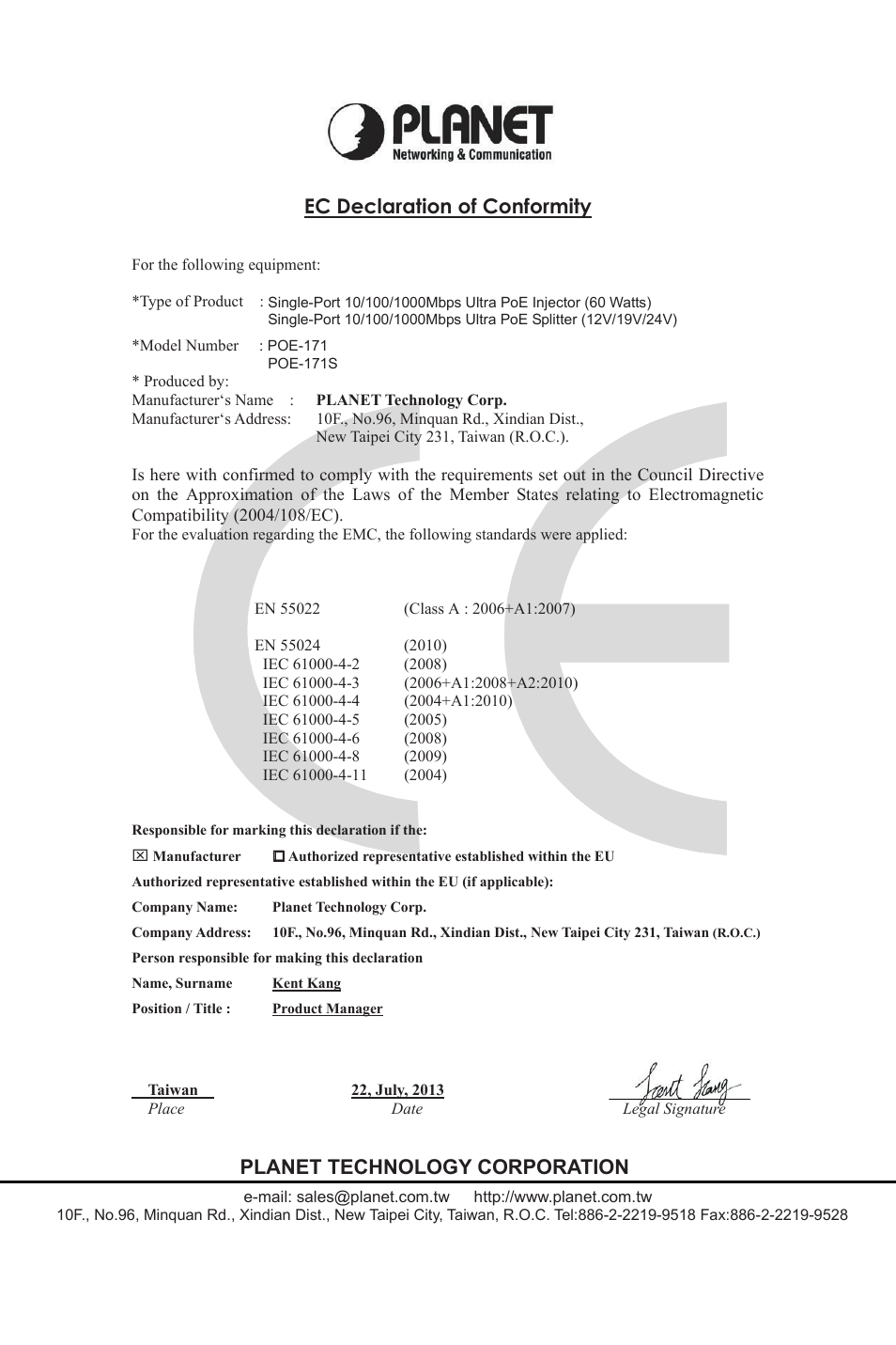 Ec declaration of conformity, Planet technology corporation | PLANET POE-171 User Manual | Page 20 / 20