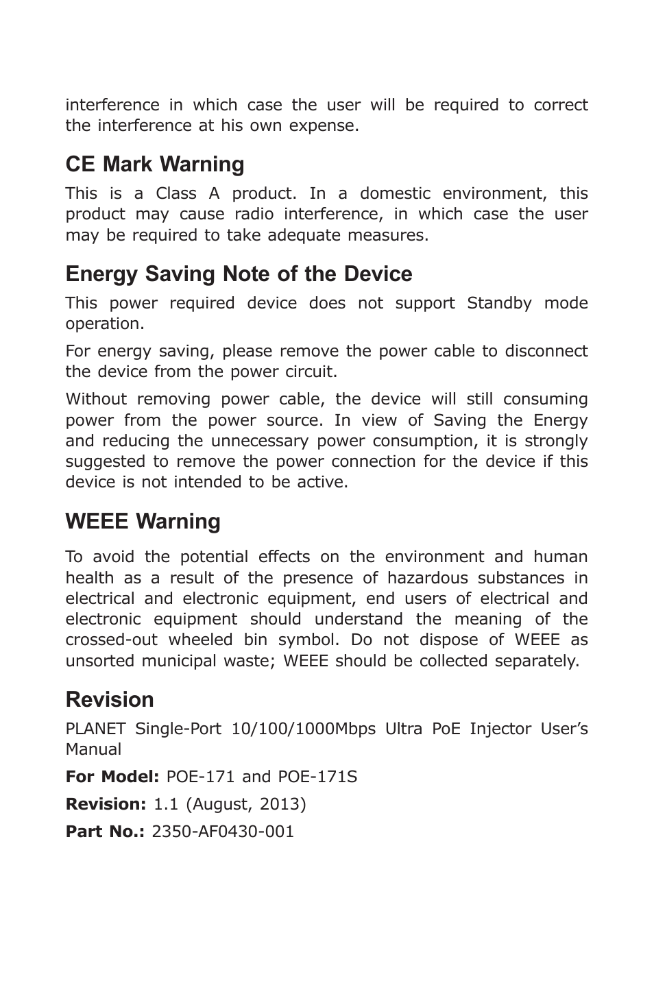 Ce mark warning, Weee warning, Revision | PLANET POE-171 User Manual | Page 3 / 20