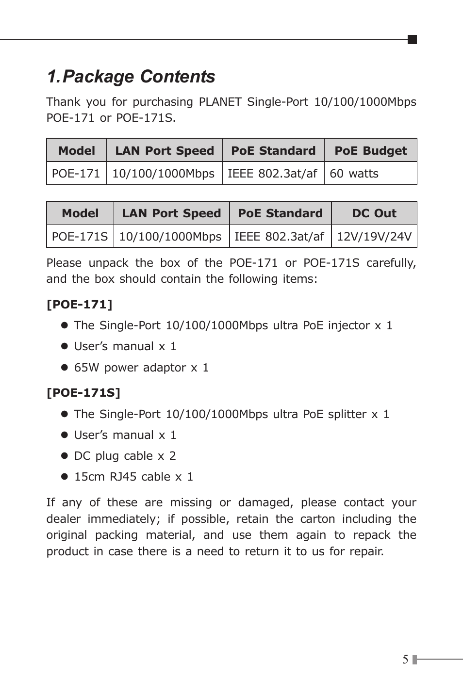 Package contents | PLANET POE-171 User Manual | Page 5 / 20