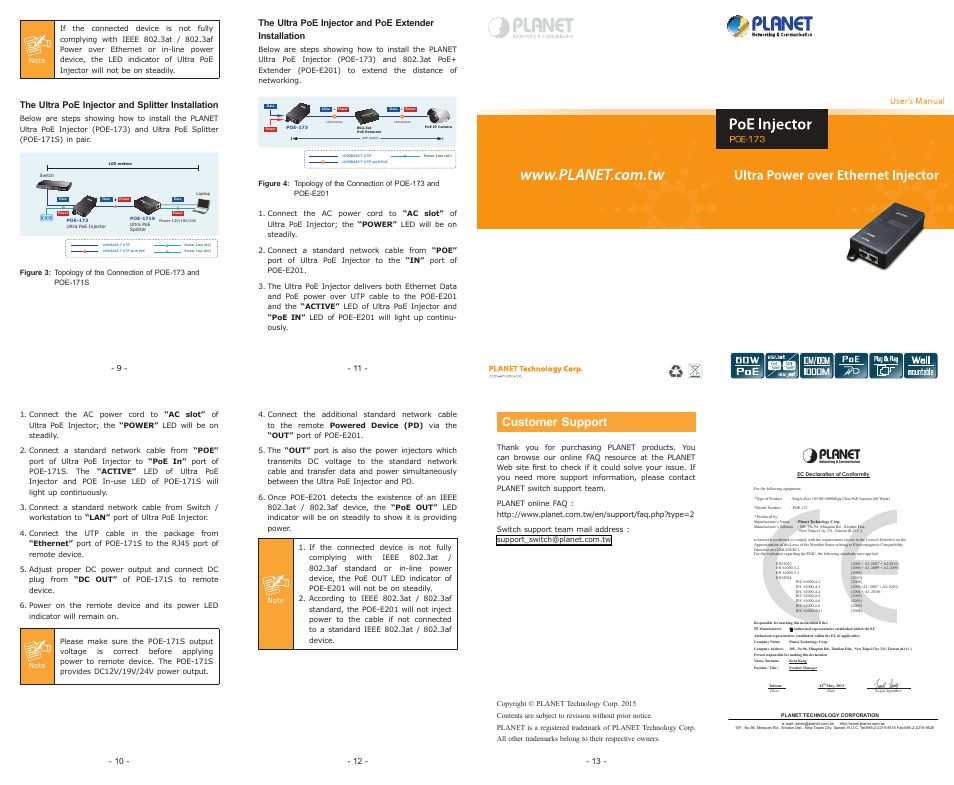 Ac dc, Customer support, The ultra poe injector and splitter installation | PLANET POE-173 User Manual | Page 2 / 2