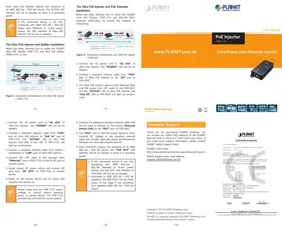 Ac dc, Customer support, The ultra poe injector and splitter installation | PLANET POE-173 User Manual | Page 2 / 2