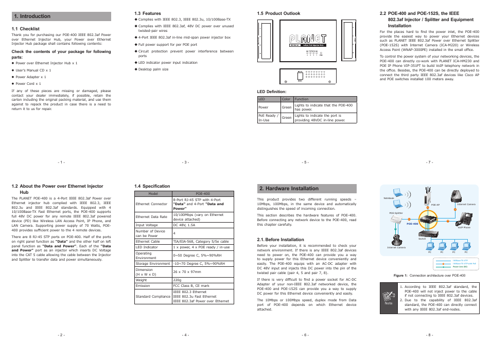 PLANET POE-400 User Manual | 2 pages