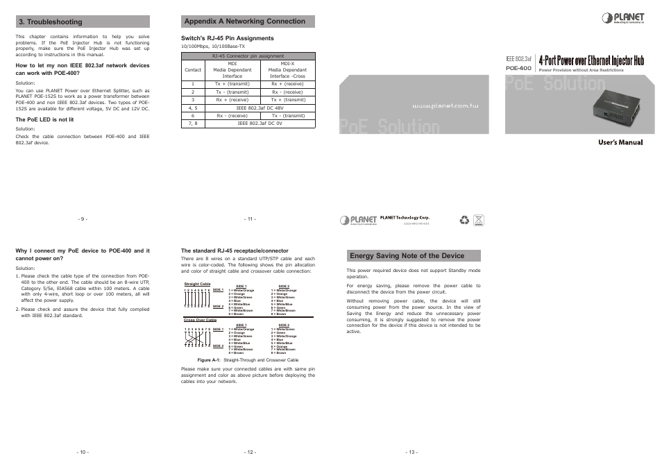 Troubleshooting, Appendix a networking connection, Switch's rj-45 pin assignments | PLANET POE-400 User Manual | Page 2 / 2