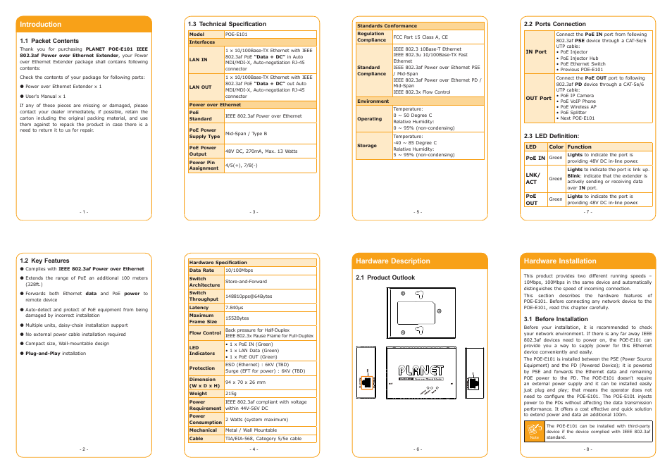 PLANET POE-E101 User Manual | 2 pages