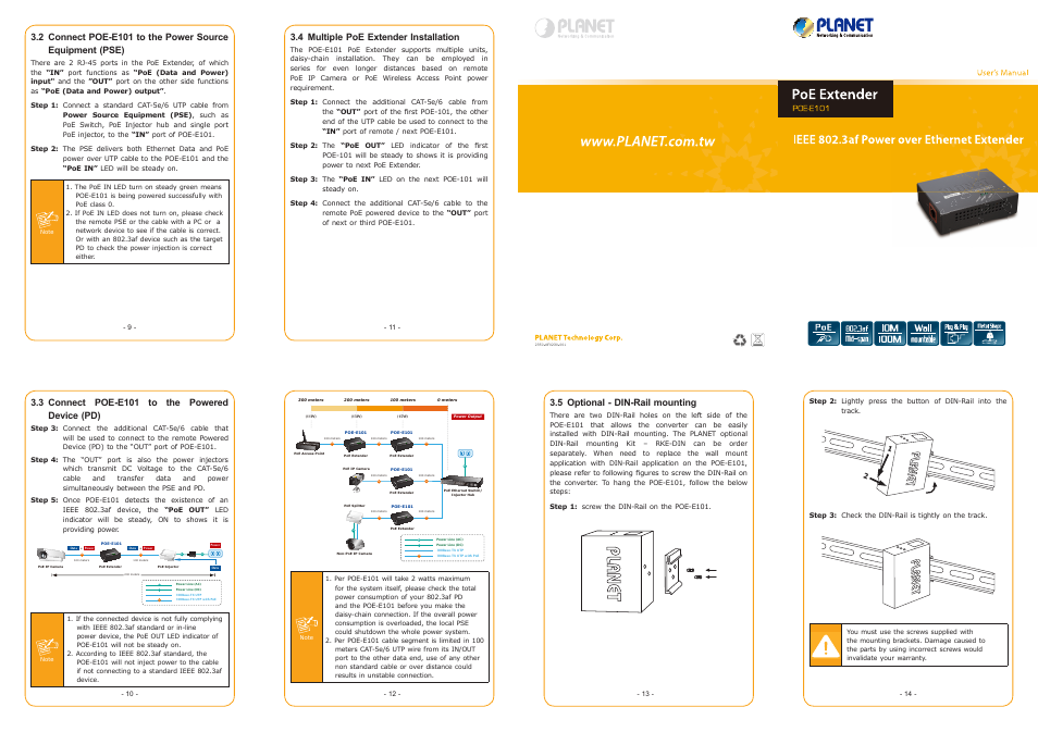 4 multiple poe extender installation, 3 connect poe-e101 to the powered device (pd), 5 optional - din-rail mounting | PLANET POE-E101 User Manual | Page 2 / 2