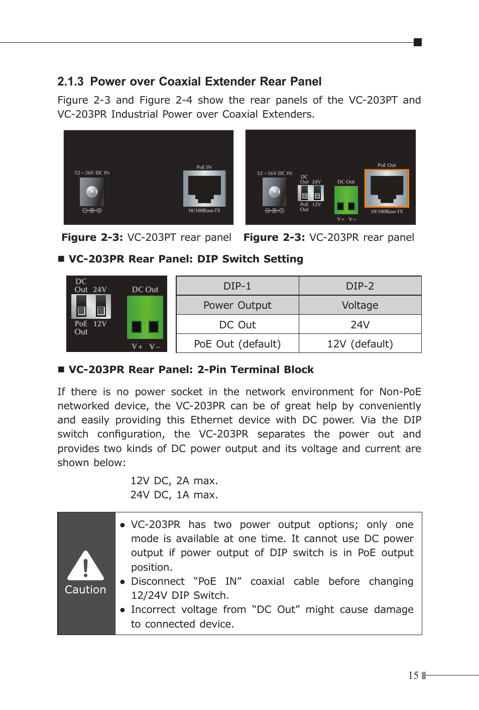 3 power over coaxial extender rear panel, Caution | PLANET VC-203PR User Manual | Page 15 / 24