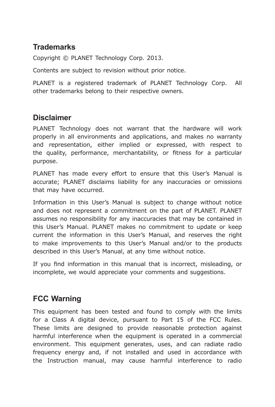 Trademarks, Disclaimer, Fcc warning | PLANET VC-203PR User Manual | Page 2 / 24