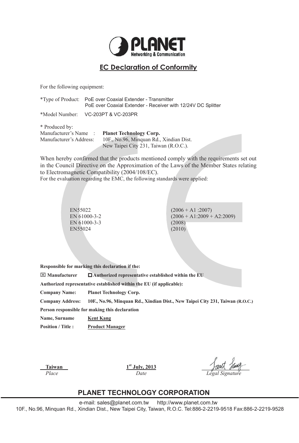 Ec declaration of conformity, Planet technology corporation | PLANET VC-203PR User Manual | Page 24 / 24