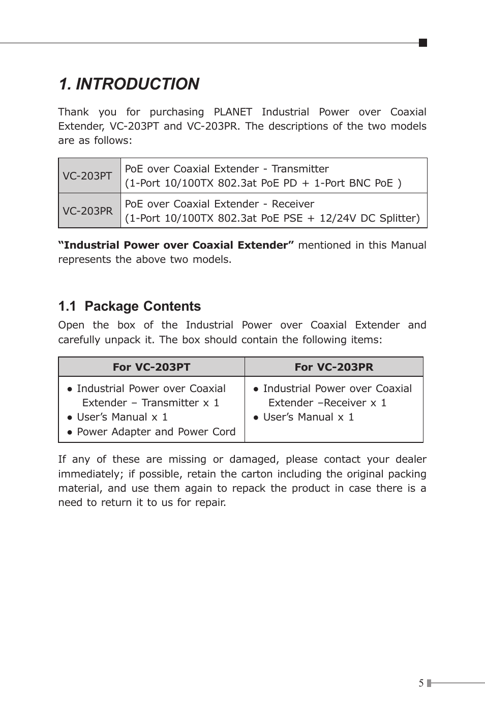 Introduction, 1 package contents | PLANET VC-203PR User Manual | Page 5 / 24
