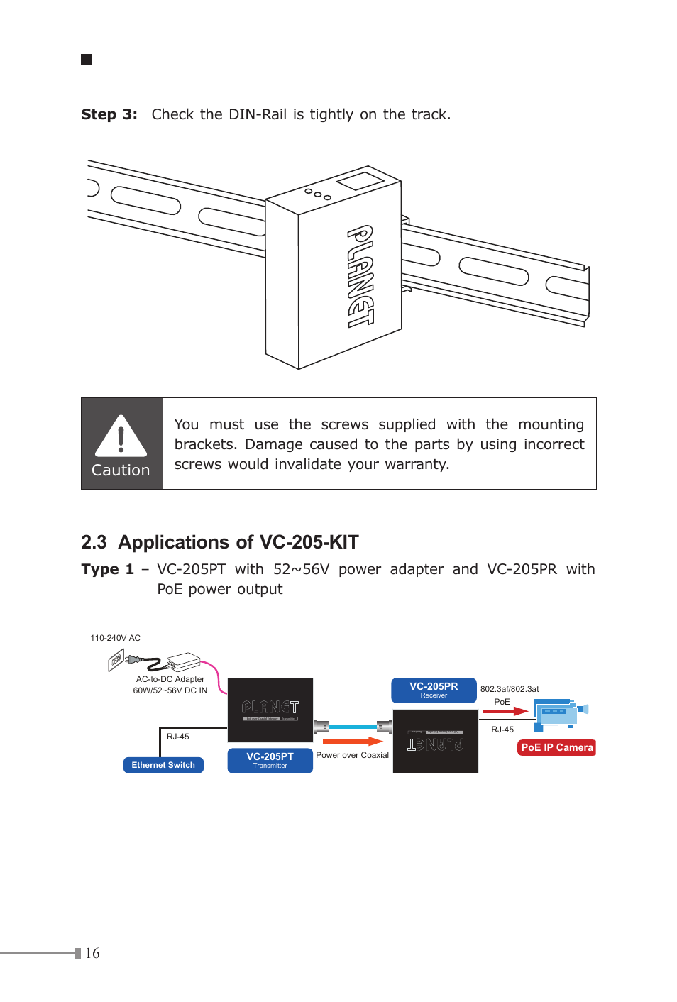 3 applications of vc-205-kit, Caution, Step 3: check the din-rail is tightly on the track | PLANET VC-205-KIT User Manual | Page 16 / 24