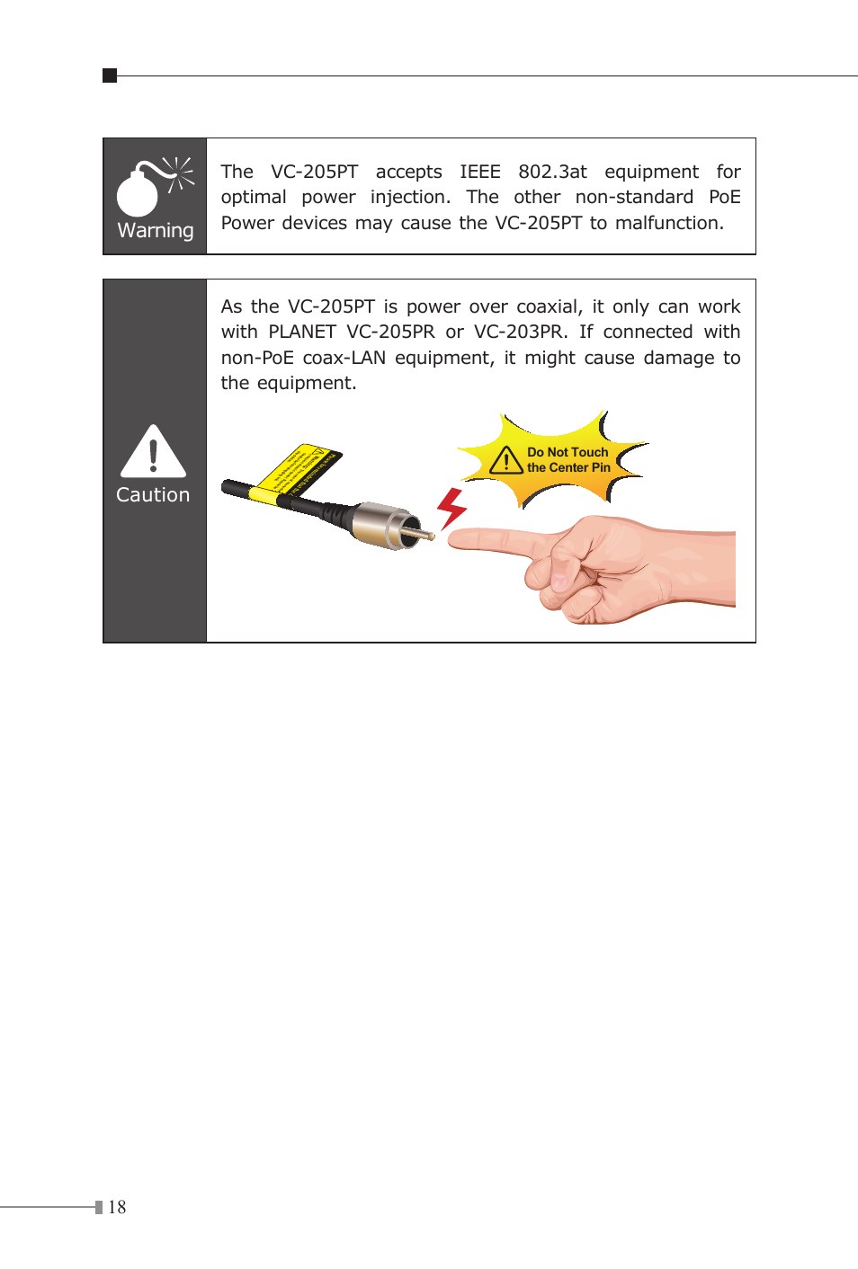 Warning, Caution | PLANET VC-205-KIT User Manual | Page 18 / 24