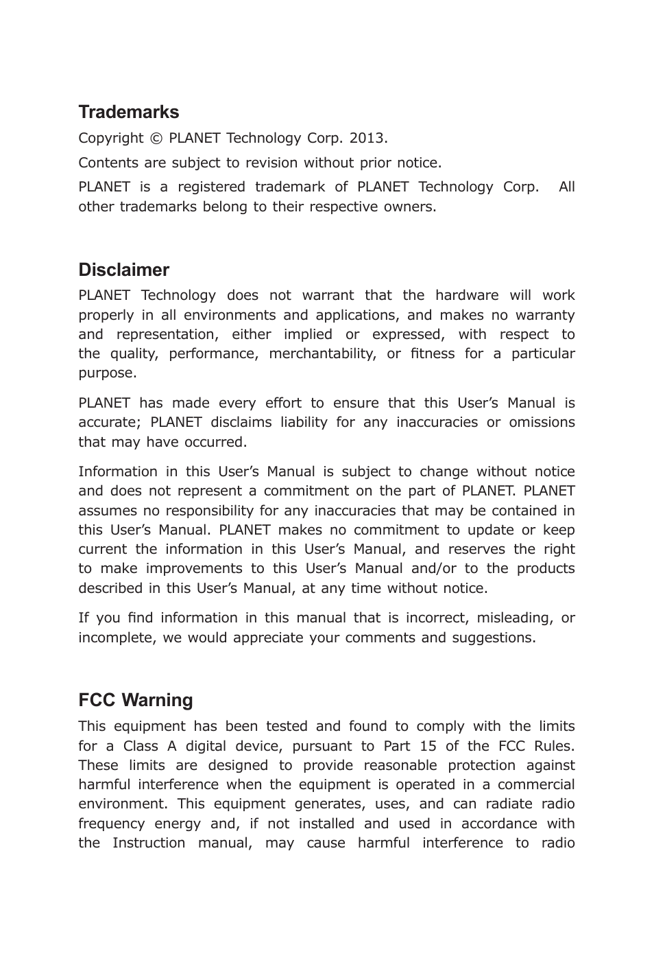Trademarks, Disclaimer, Fcc warning | PLANET VC-205-KIT User Manual | Page 2 / 24