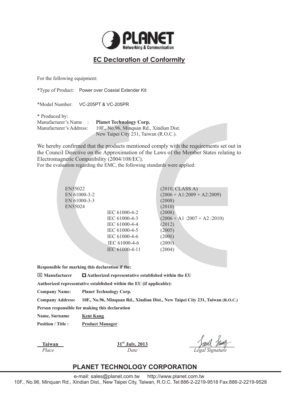 Ec declaration of conformity, Planet technology corporation | PLANET VC-205-KIT User Manual | Page 23 / 24