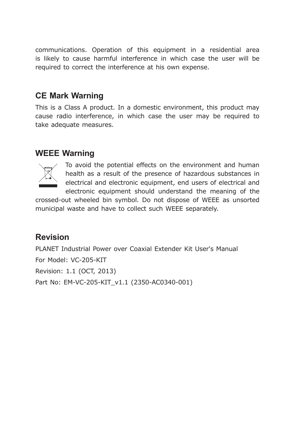 Ce mark warning, Weee warning, Revision | PLANET VC-205-KIT User Manual | Page 3 / 24