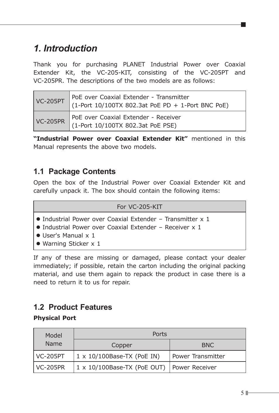 Introduction, 1 package contents, 2 product features | PLANET VC-205-KIT User Manual | Page 5 / 24