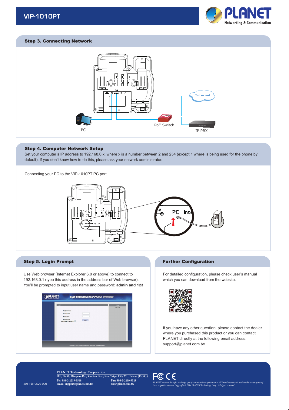 High-definition poe ip phone, Quick installation guide, Vip-1010pt | PLANET VIP-1010PT User Manual | Page 2 / 2