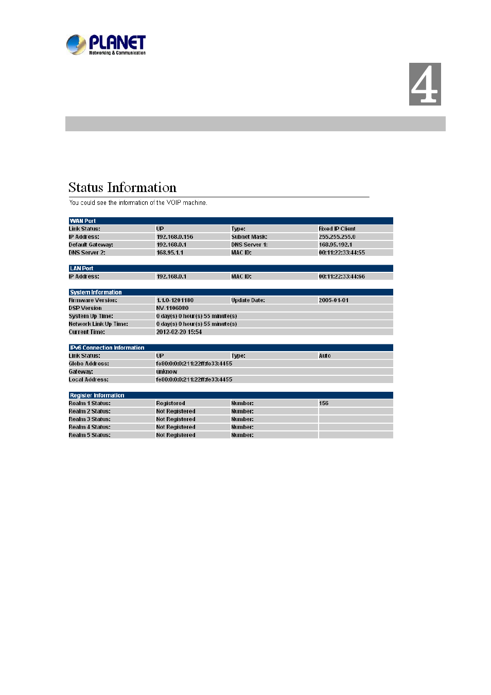 Chapter 4 voip telephone adapter configurations, Status | PLANET VIP-156PE User Manual | Page 22 / 75