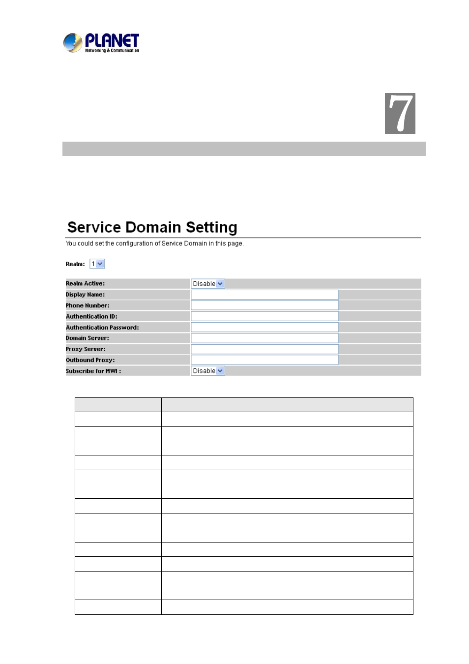 Chapter 7 sip setting, Service domain setting | PLANET VIP-156PE User Manual | Page 42 / 75