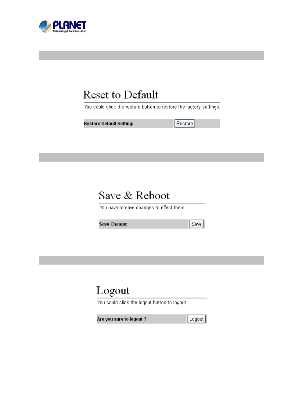 Reset to default, Save and reboot, Logout | PLANET VIP-156PE User Manual | Page 58 / 75